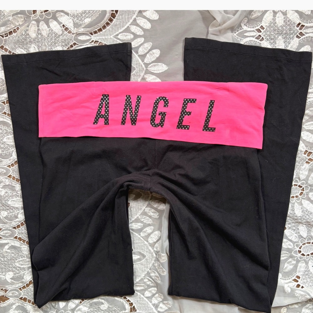 Y2K Victoria's Secret Angel Foldover Waist Flare Yoga Pants Black Pink Large